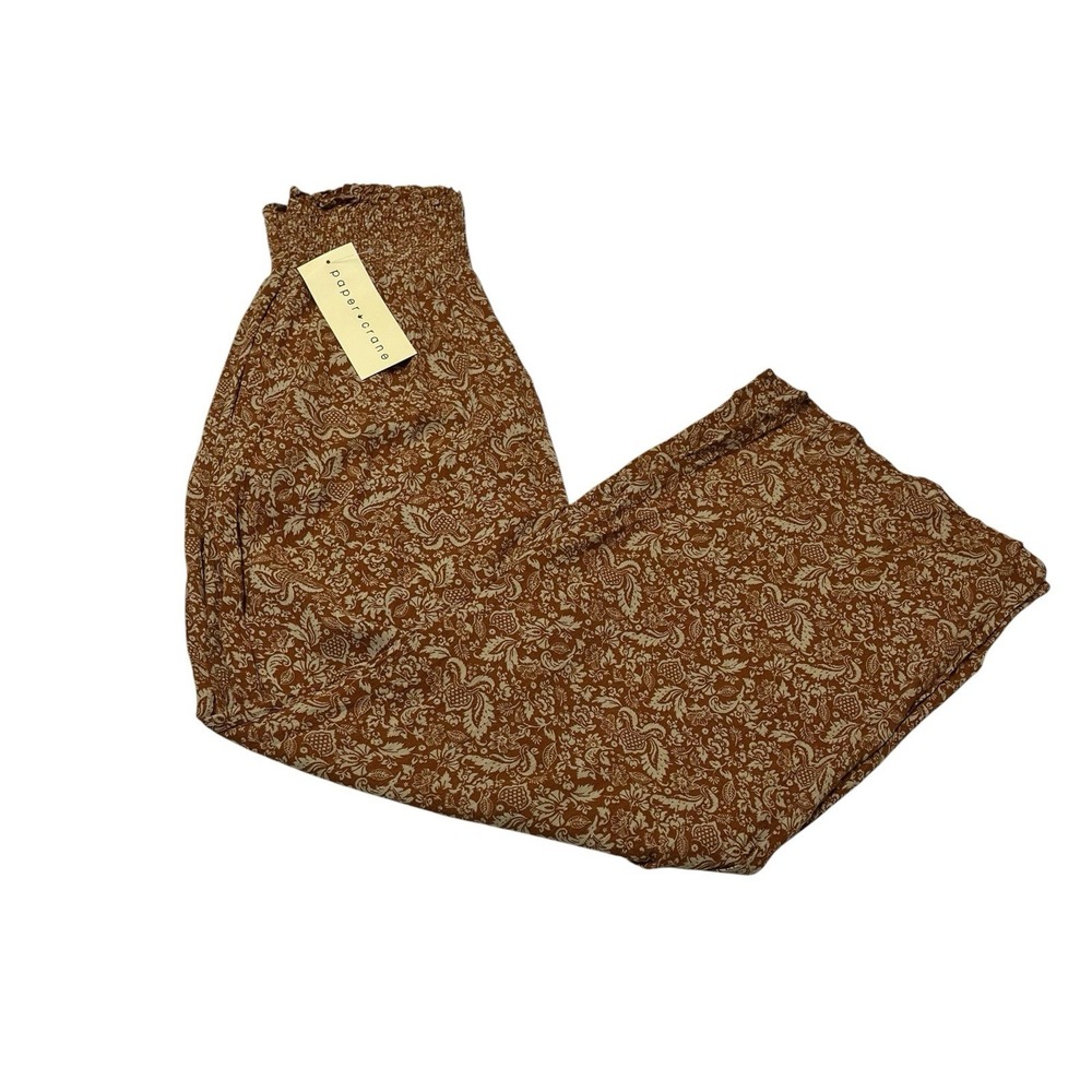 Papercrane Pants Brown Floral Smocked Waist Wide Leg Flowy S Boho Hippie Comfort